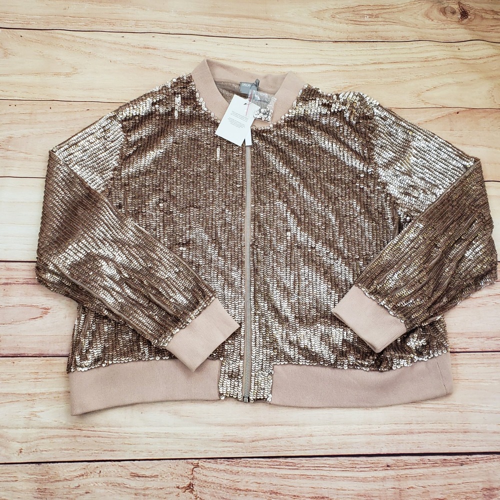 ASOS Jacket Womens 20 Pink Curve Sequin Embellished Bomber Zip Up Party NEW